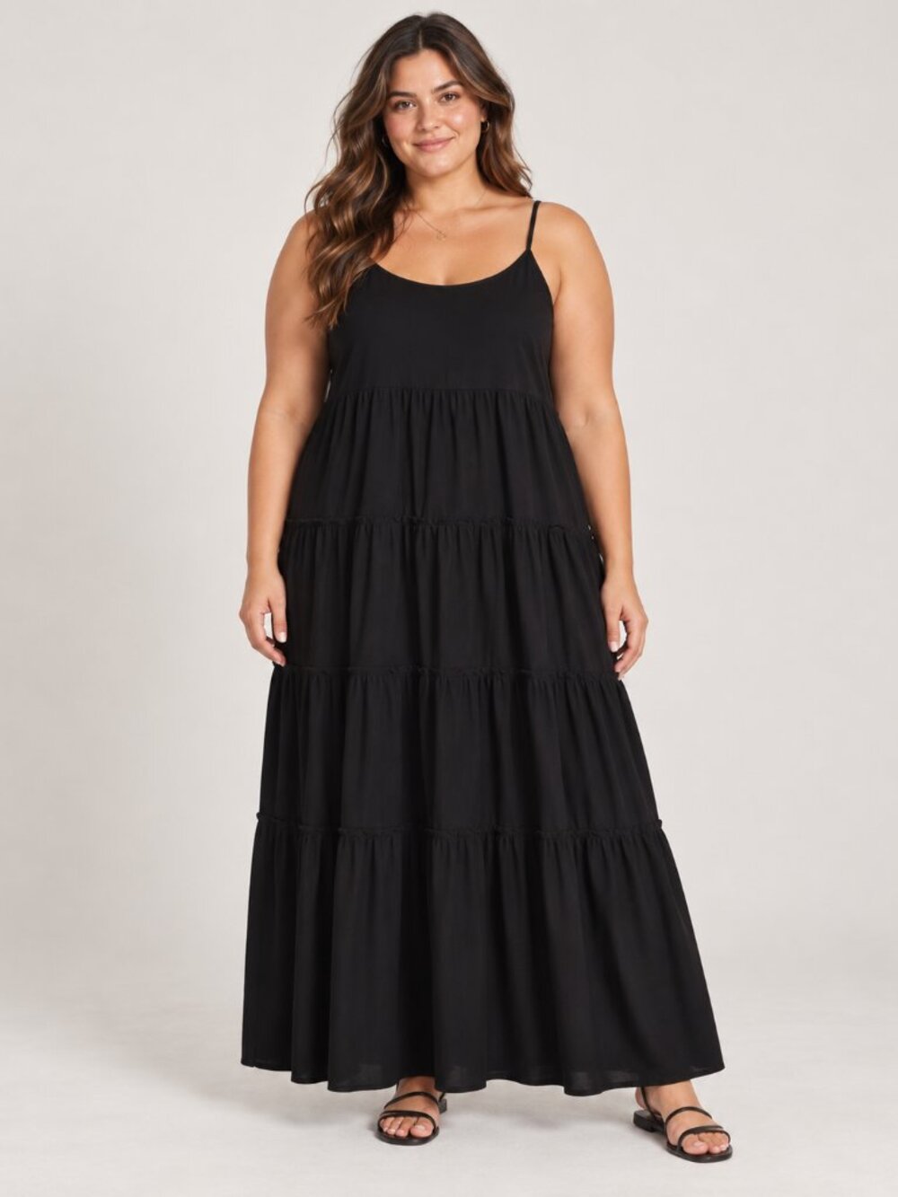 Zenana 3X Black Tiered Maxi Dress V Neck Adjustable Straps Boho Stretch